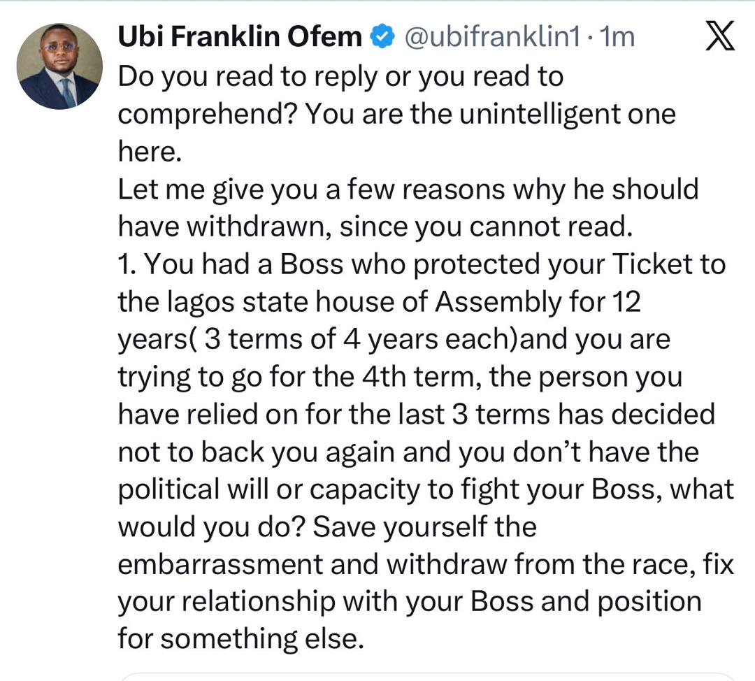 Music executive, Ubi Franklin, responds after X-user berated him for saying Desmond Elliot should have withdrawn from the Lagos APC Primary